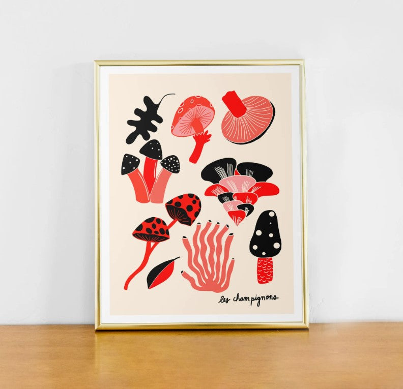 Affiche d'illustrations de champignons noir et rouge au format 8.5x11po par Projet Spécial imprimé à Montréal