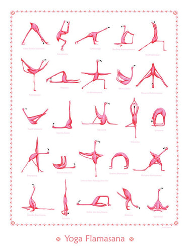 Affiche de 25 illustrations de posture de yoga par un flamant rose par Amélie Legault