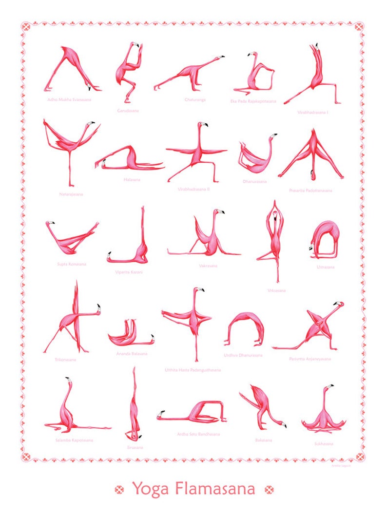 Affiche de 25 illustrations de posture de yoga par un flamant rose par Amélie Legault