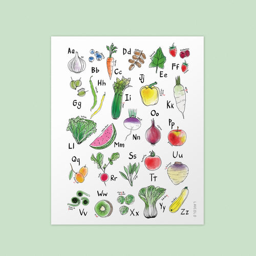 Affiche d'illustrations d'un abécédaire de fruits et légumes fait à l'aquarelle et à l'encre au format 11 x 14 po par Laucolo