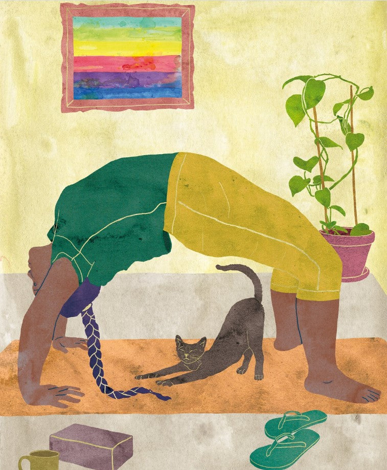 Affiche d'illustration colorée d'une posture de yoga 'Le pont' format 8,5'x11' par l'artiste Annicl Gaudreault
