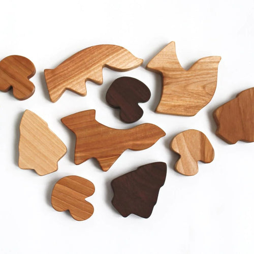 Casse-tête blocs en bois naturels empilables avec motifs renards champignons et forêts par Atelier Saint-Cerf