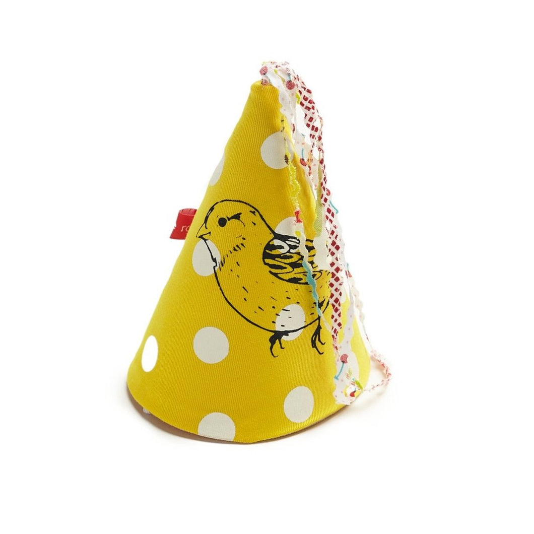 Chapeau de fête jaune à pois blanc avec oiseau en coton réalisé à la main par La Fée Raille à Montréal