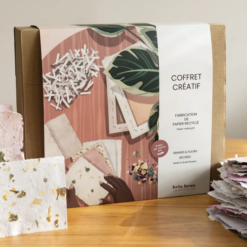 Coffret créatif pour fabrication de papier recyclé avec graines et fleurs séchées à faire soi-même par Brin Brun