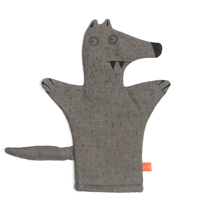 Marionnette gris 'Michel Loulouvain' le loup en lin éco-tex doublé de canevas de cotons par La Fée Raille
